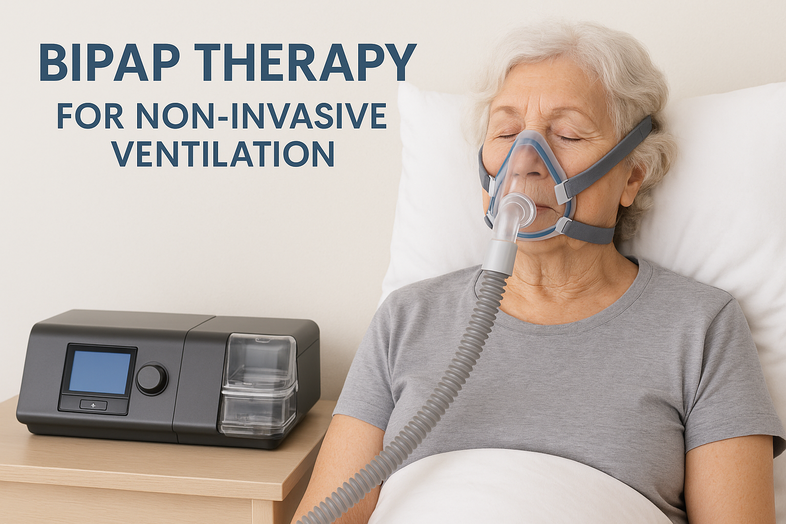“Elderly woman resting in bed using a BiPAP machine for respiratory support, illustrating comfortable nighttime breathing therapy for seniors with COPD or sleep apnea.”